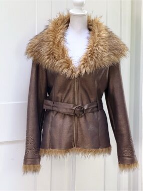 Excelled Y2K Brown Antique Gold Faux Fur Penny Lane Jacket Coat Belted Size L